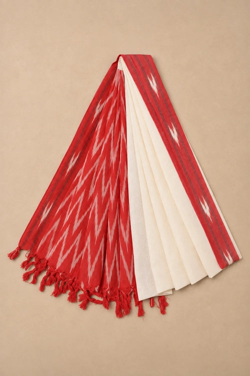 Pratibimb "Chavi Red White Pochampalli Ikat Cotton Mirrorwork" Unstitched Suit Set