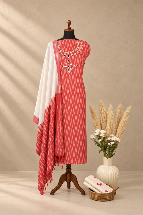 Pratibimb "Chavi Red White Pochampalli Ikat Cotton Mirrorwork" Unstitched Suit Set