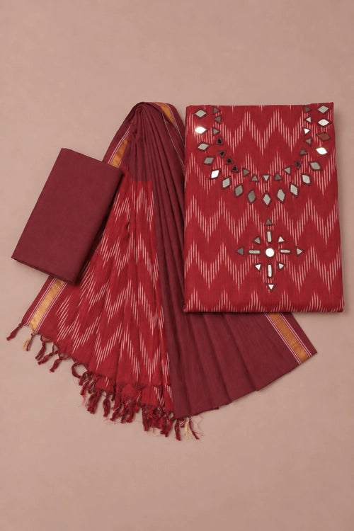 Pratibimb "Chavi Maroon Pochampalli Ikat Cotton Mirrorwork" Unstitched Suit Set