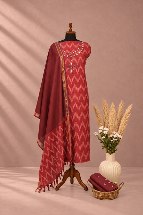 Pratibimb "Chavi Maroon Pochampalli Ikat Cotton Mirrorwork" Unstitched Suit Set