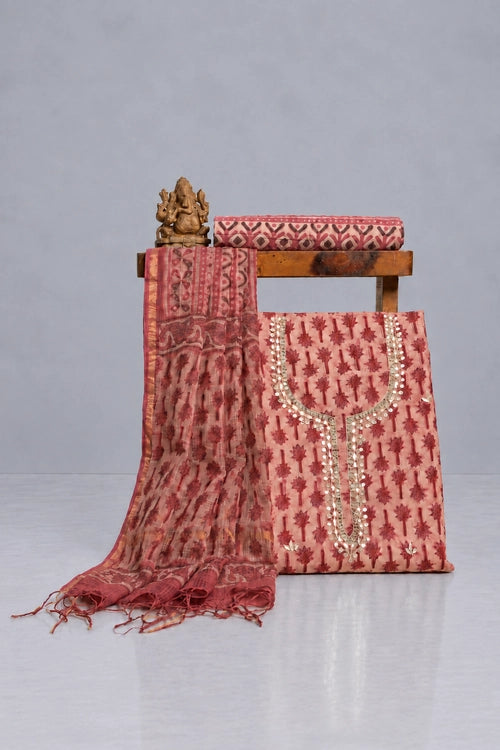 Pratibimb "Ajrakh Onion Cotton Hand Embroidered Gota Patti" Unstitched Suit Set