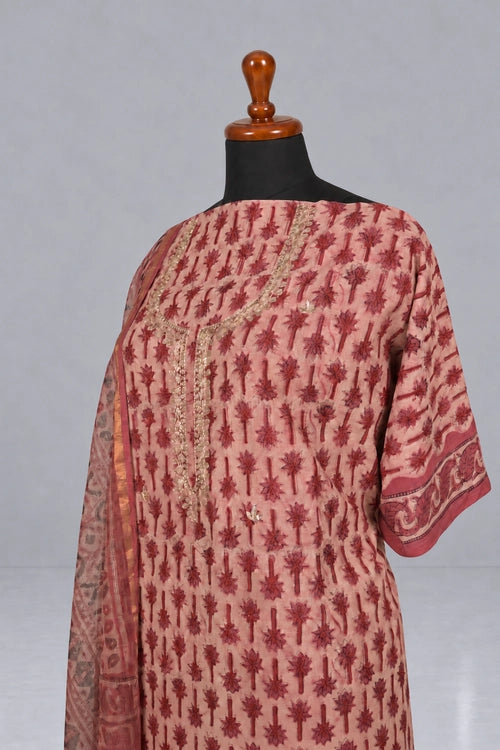 Pratibimb "Ajrakh Onion Cotton Hand Embroidered Gota Patti" Unstitched Suit Set