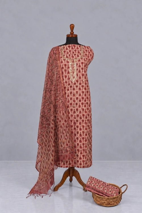 Pratibimb "Ajrakh Onion Cotton Hand Embroidered Gota Patti" Unstitched Suit Set