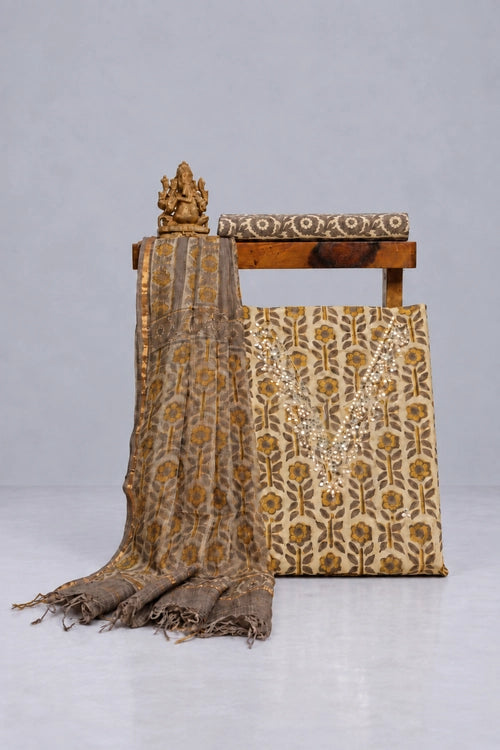 Pratibimb "Ajrakh Haldi Cotton Hand Embroidered Gota Patti" Unstitched Suit Set
