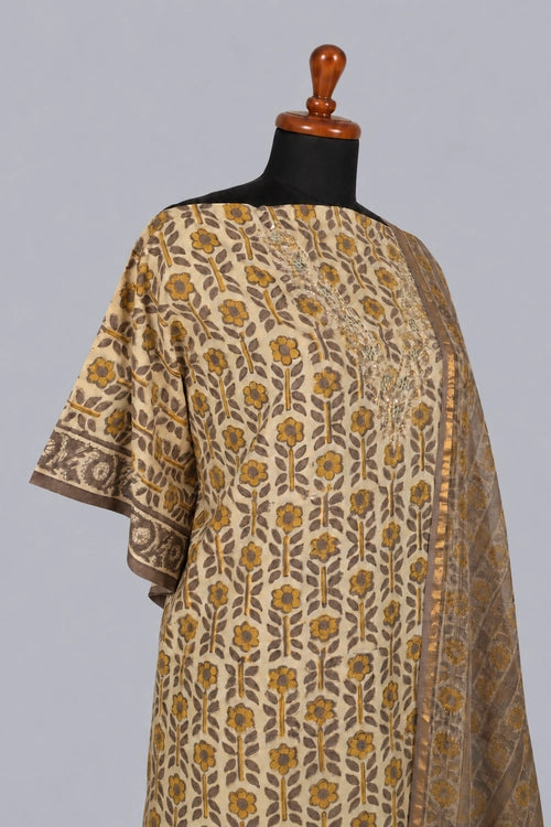 Pratibimb "Ajrakh Haldi Cotton Hand Embroidered Gota Patti" Unstitched Suit Set