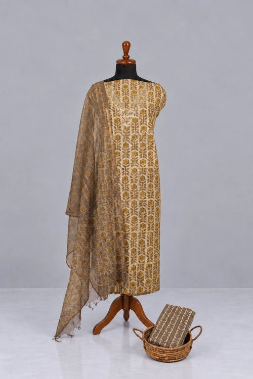 Pratibimb "Ajrakh Haldi Cotton Hand Embroidered Gota Patti" Unstitched Suit Set
