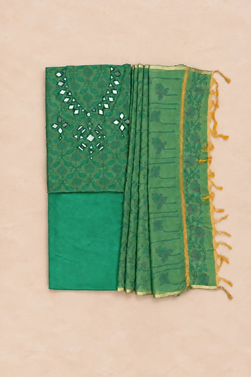 Pratibimb "Chandni Chanderi Green Cotton Silk Mirror" Unstitched Suit Set