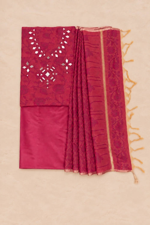 Pratibimb "Chandni Chanderi Deep Pink Cotton Silk Mirrorwork" Unstitched Suit Set