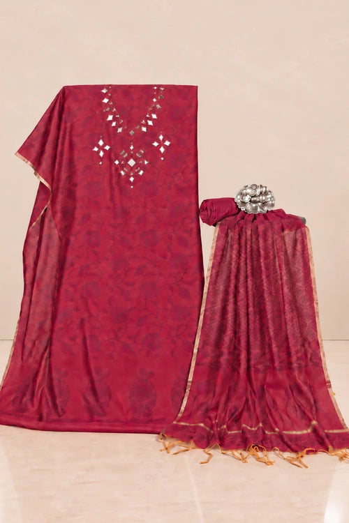 Pratibimb "Chandni Chanderi Deep Pink Cotton Silk Mirrorwork" Unstitched Suit Set