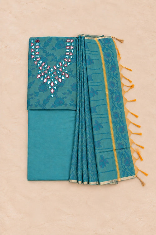 Pratibimb "Chandni Chanderi Turquoise Cotton Silk Mirror" Unstitched Suit Set