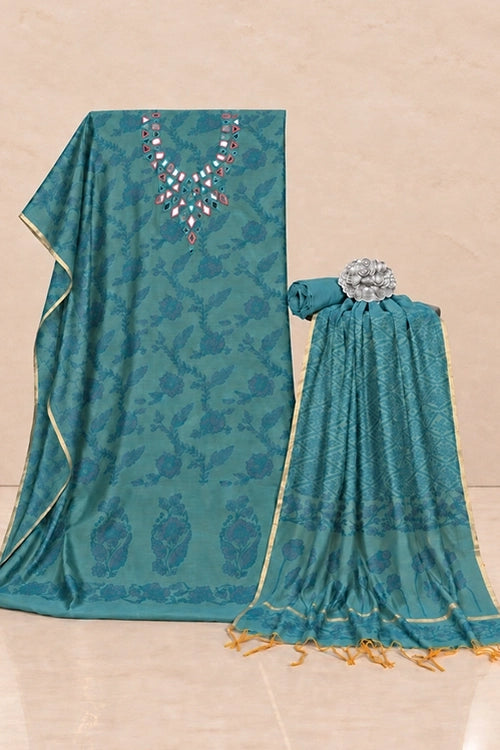 Pratibimb "Chandni Chanderi Turquoise Cotton Silk Mirror" Unstitched Suit Set