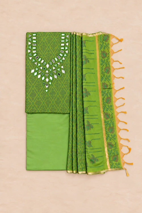 Pratibimb "Chandni Chanderi Parrot Green Cotton Silk Mirror" Unstitched Suit Set