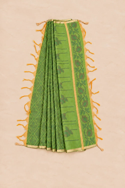 Pratibimb "Chandni Chanderi Parrot Green Cotton Silk Mirror" Unstitched Suit Set