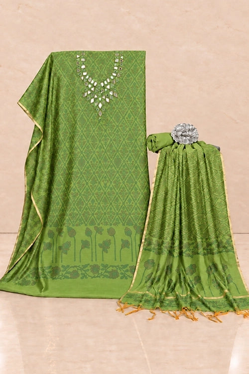 Pratibimb "Chandni Chanderi Parrot Green Cotton Silk Mirror" Unstitched Suit Set