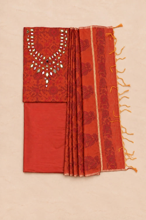 Pratibimb "Chandni Chanderi Deep Rust Cotton Silk Mirror" Unstitched Suit Set