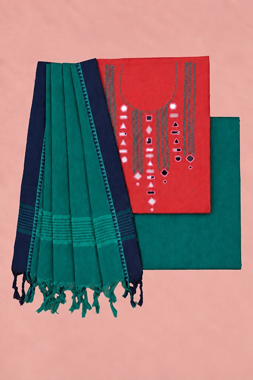 Pratibimb "Aaina Pink Slub Cotton Mirrorwork" Unstitched Suit Set