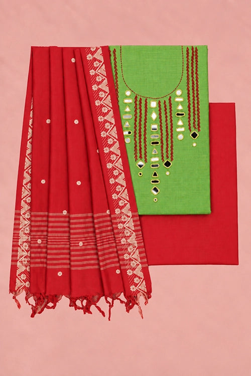 Pratibimb "Aaina Parrot Green Slub Cotton Mirrorwork" Unstitched Suit Set