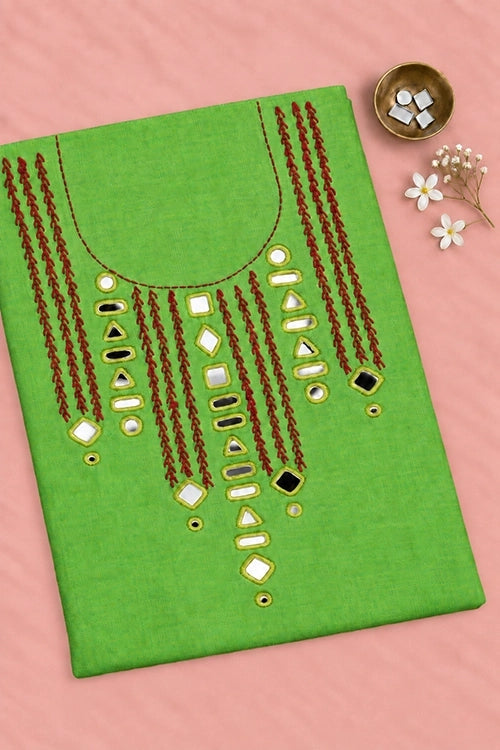 Pratibimb "Aaina Parrot Green Slub Cotton Mirrorwork" Unstitched Suit Set
