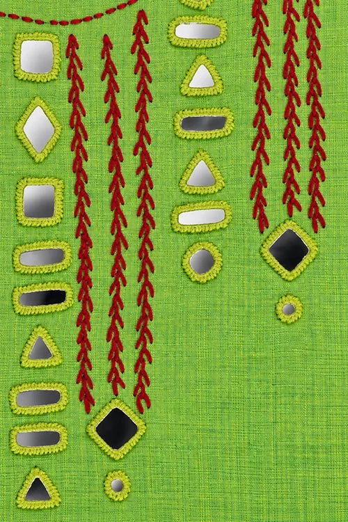 Pratibimb "Aaina Parrot Green Slub Cotton Mirrorwork" Unstitched Suit Set