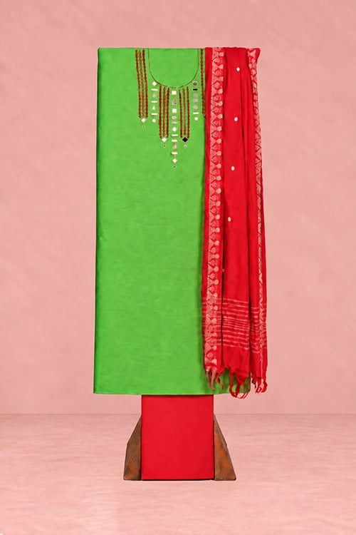 Pratibimb "Aaina Parrot Green Slub Cotton Mirrorwork" Unstitched Suit Set