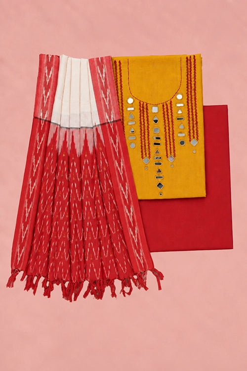 Pratibimb "Aaina Haldi Slub Cotton Mirrorwork" Unstitched Suit Set