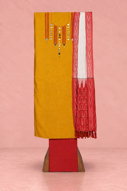 Pratibimb "Aaina Haldi Slub Cotton Mirrorwork" Unstitched Suit Set