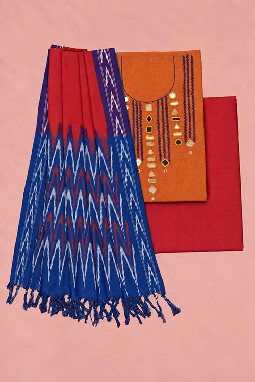 Pratibimb "Aaina Orange Slub Cotton Mirrorwork" Unstitched Suit Set