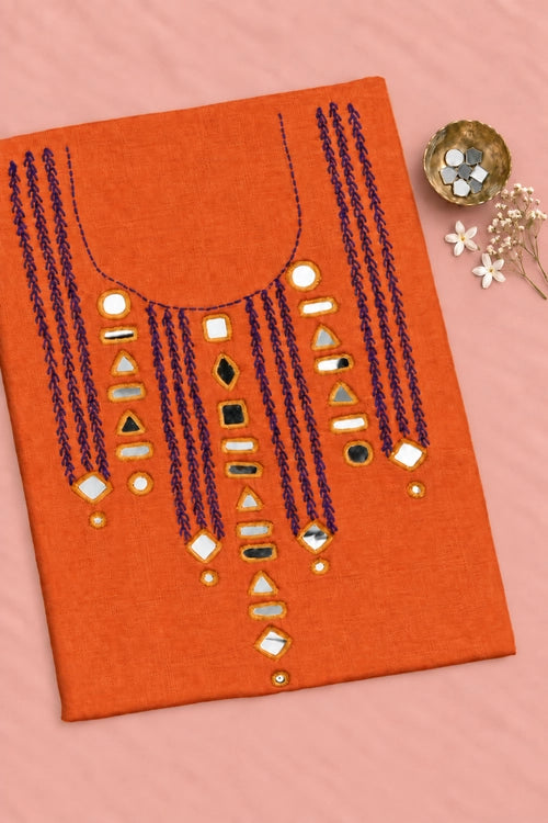 Pratibimb "Aaina Orange Slub Cotton Mirrorwork" Unstitched Suit Set