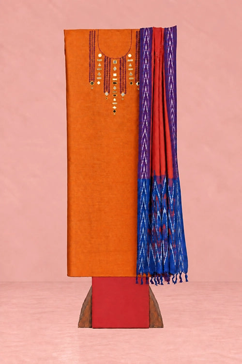Pratibimb "Aaina Orange Slub Cotton Mirrorwork" Unstitched Suit Set