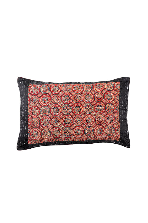 Handwoven Mashru Black And Red Pillow Cover
