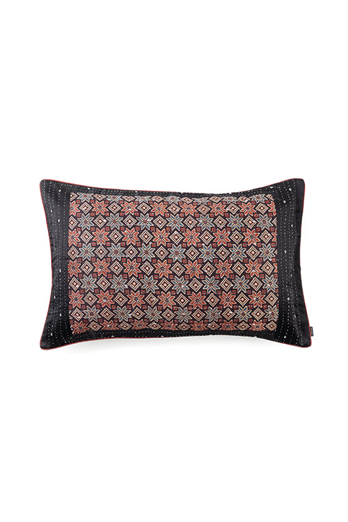 Cotton Black Hand Woven Pillow Cover With Kantha Embroidery