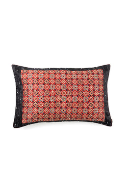 Black And Red Mansru Pillow Cover With Kantha Embroidery