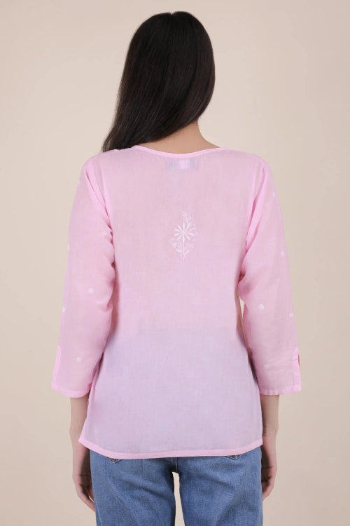 Shwet Women Hand Embroidered "Pastel Poise" Pink Mulmul Short Top