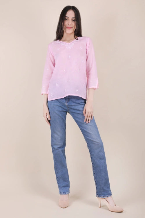 Shwet Women Hand Embroidered "Pastel Poise" Pink Mulmul Short Top