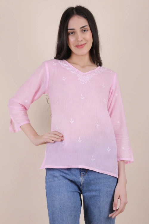 Shwet Women Hand Embroidered "Pastel Poise" Pink Mulmul Short Top
