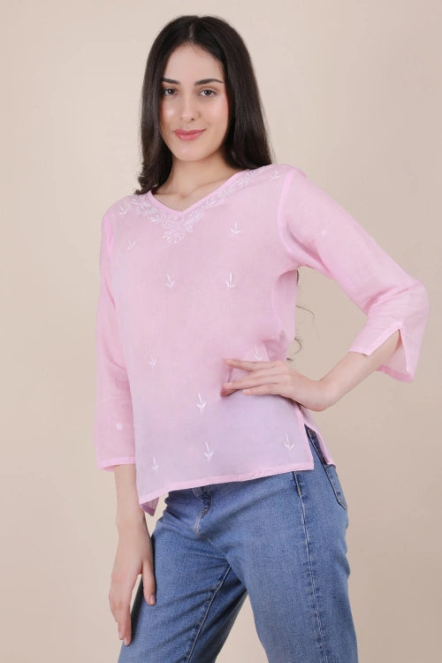 Shwet Women Hand Embroidered "Pastel Poise" Pink Mulmul Short Top