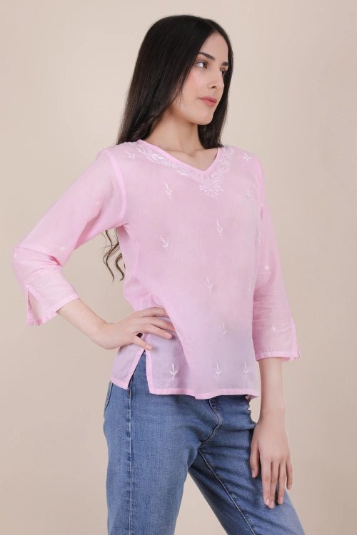 Shwet Women Hand Embroidered "Pastel Poise" Pink Mulmul Short Top