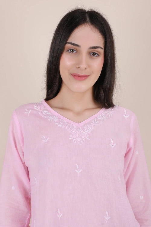 Shwet Women Hand Embroidered "Pastel Poise" Pink Mulmul Short Top