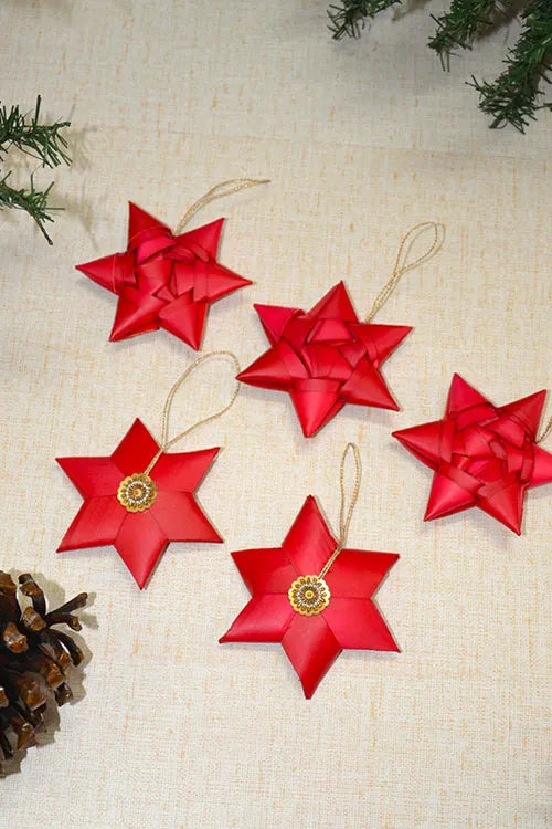 Dharini Palm Leaf Christmas Star Ornaments Red (Set of 5)