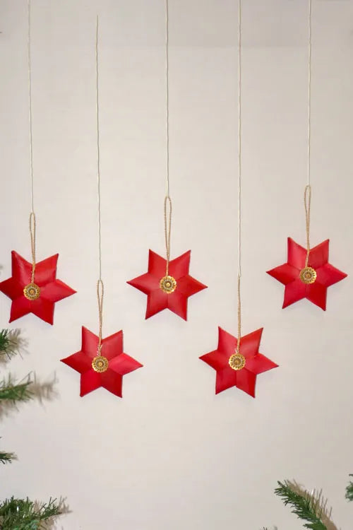 Dharini Palm Leaf Christmas Star Ornaments Red (Set of 5)