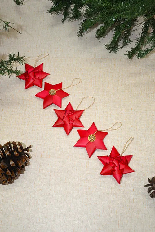 Dharini Palm Leaf Christmas Star Ornaments Red (Set of 5)
