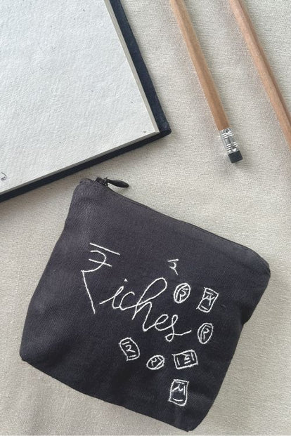 Okhai "Riches" Hand-Embroidered Pure Cotton Pouch - Charcoal Black