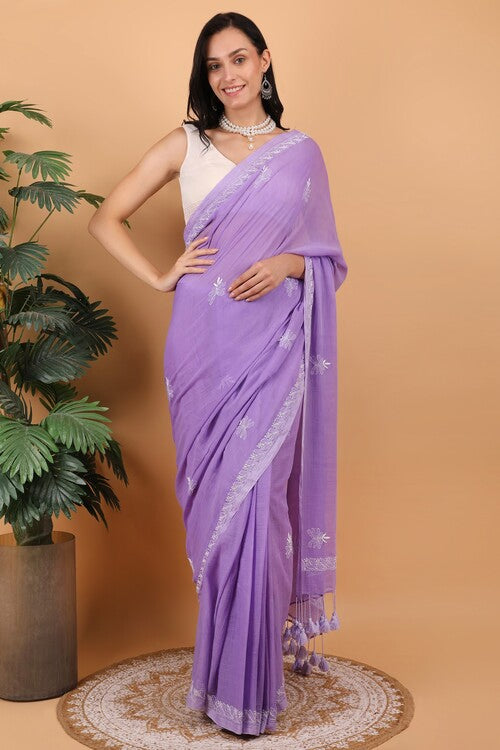 Shwet Women Purple Hand Embroidered Chikankari  Mulmul Saree