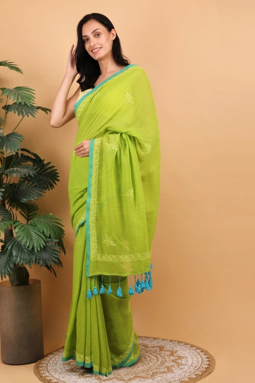 Shwet Women Parrot Green Hand Embroidered Chikankari Mulmul Saree