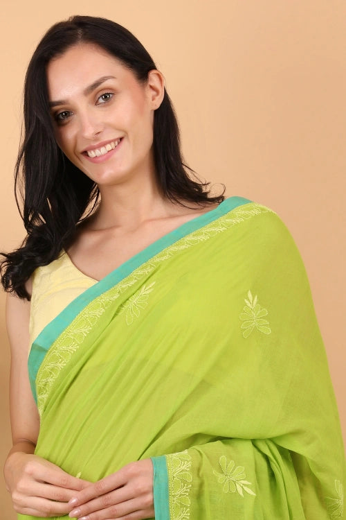 Shwet Women Parrot Green Hand Embroidered Chikankari Mulmul Saree