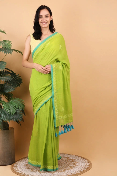 Shwet Women Parrot Green Hand Embroidered Chikankari Mulmul Saree