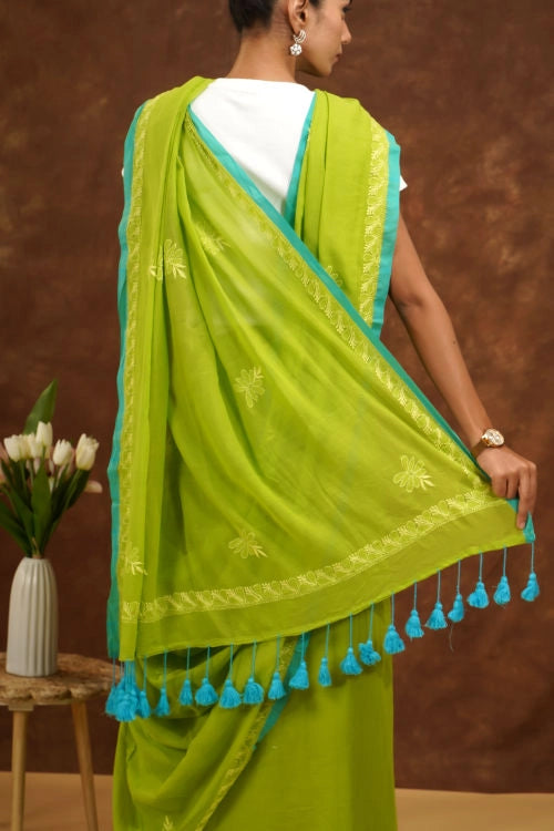 Shwet Women Parrot Green Hand Embroidered Chikankari Mulmul Saree