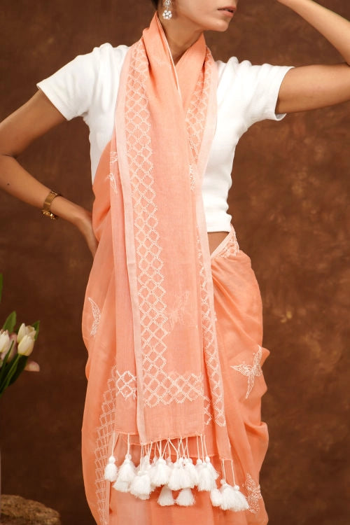 Shwet Women Peach Hand Embroidered Chikankari  Mulmul Saree