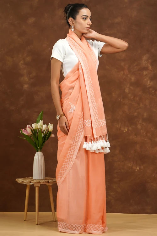 Shwet Women Peach Hand Embroidered Chikankari  Mulmul Saree