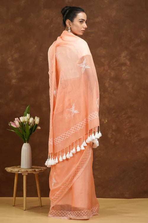 Shwet Women Peach Hand Embroidered Chikankari  Mulmul Saree